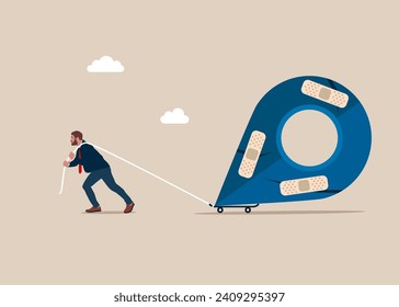 Returned to office location. Businessman walking with bandage repaired location pin shape. Modern vector illustration in flat style. 