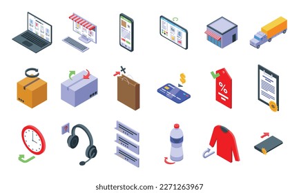 Returning goods to the shop icons set isometric vector. Product refund. Policy customer