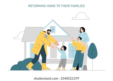 Returning home concept. Joyful family greeting a fisherman father in yellow gear, showcasing love and reunion. Vector illustration.