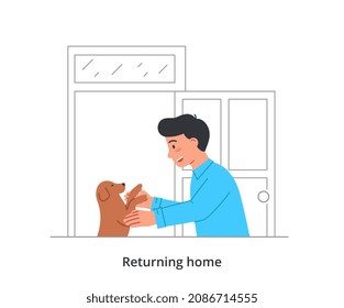 Returning home concept. Young smiling man comes to apartment and plays with his beloved puppy in doorway. Male character pays attention to dog. Animal Care. Cartoon modern flat vector illustration