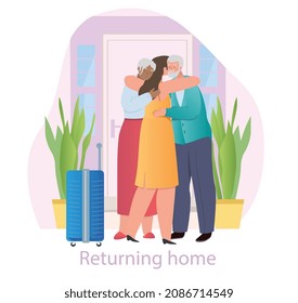 Returning home concept. Young woman with suitcase comes home from vacation and hugs her elderly parents. Meeting happy family. Mother and father love daughter. Cartoon flat vector illustration