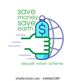 Returning Single-use Plastic Bottle To Be Recycled Can Save Both Money And Earth. How Do Bottle Deposit Scheme Work Concept. Plastic Recycling Symbol. Vector Illustration Outline Flat Design Style.