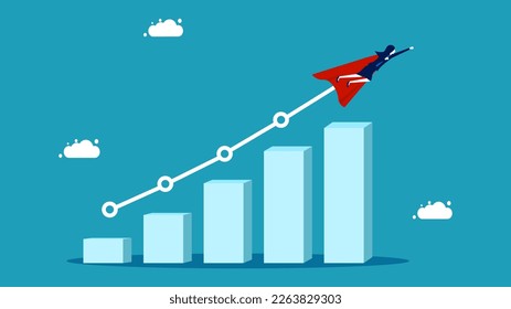 returns or business growth. Profit increase or progression concept. Businesswoman hero on growth bar chart. Finance and investment concept. vector 