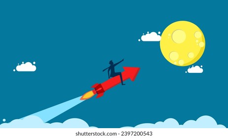 Los regresos crecen. hombre volando con una flecha de cohete apuntando a la luna 