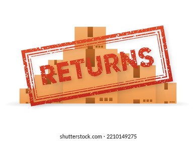 Returns grunge stamp on parcels with goods. Red badge in shabby style. Vector illustration.