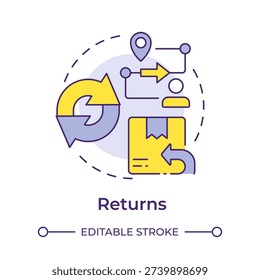 Returns multi color concept icon. Supply chain, product delivery. Moving goods, logistics organization. Round shape line illustration. Abstract idea. Graphic design. Easy to use in presentation