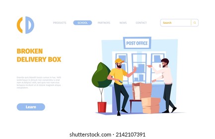 Returns policy landing. Customer delivery problem broken cardboard package with damaged product change items garish vector web page template