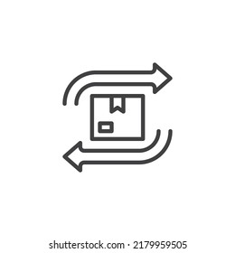 Icono de línea Devoluciones y reembolsos. signo de estilo lineal para concepto móvil y diseño web. Cuadro de parcela y flechas contorno icono vector. Símbolo, ilustración del logotipo. Gráficos vectoriales