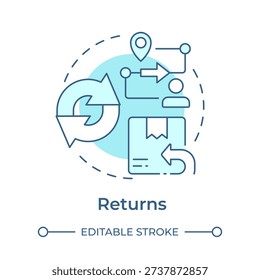Returns soft blue concept icon. Supply chain, product delivery. Moving goods, logistics organization. Round shape line illustration. Abstract idea. Graphic design. Easy to use in presentation