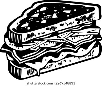 Reuben sandwich, food, isolated, vintage drawing, vector illustration, black color