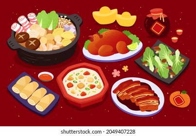 Reunion dinner for Chinese lunar New Year, the feast with a variety of dishes of meat