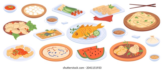 Reunion dinner with food on plates isolated flat cartoon icons set. Vector traditional China cuisine dishes, fish and rice, soup and vegetables, dumplings and watermelon. Chopsticks and sauces