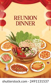 Reunion dinner with many dishes and hot pot