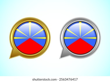 Reunion flag speech bubble. Speaking flag icon in gold and silver color