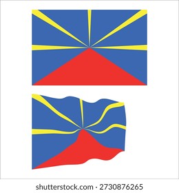 Reunion flag with volcano and sun rays symbol, one static, one waving.