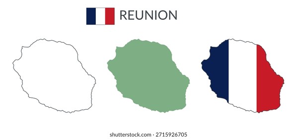 Fronteiras geográficas da Reunião isoladas sobre fundo branco. Bandeira de Reunião. Cliparts planas vetoriais.