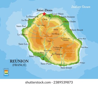 Reunion island highly detailed physical map