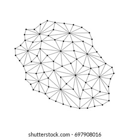 Reunion map of polygonal mosaic lines network, rays and dots vector illustration.