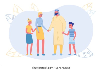 Reunion Married Christian and Muslim Family, Slide. Creation Single Family is Fundamental Change in Life. Arab Man in Traditional Dress Holds Hand Blonde Woman, next to Them are Children.