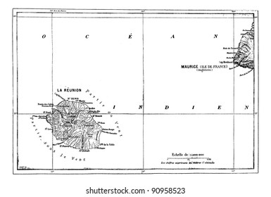 Reunion and Mauritius Map, vintage engraved illustration. Dictionary of words and things - Larive and Fleury - 1895.