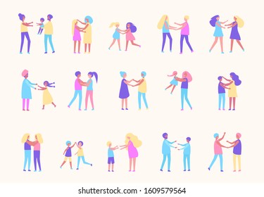 Reunion of relatives, separation of loved ones. Meeting lovers. People of different ages and nationalities are happy. Joy after breaking up. The family is back together.