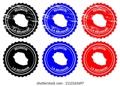 Reunion - rubber stamp - vector,  La Reunion island map pattern - sticker - black, blue and red