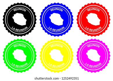 Reunion - rubber stamp - vector,  La Reunion island map pattern - sticker - black, blue, green, yellow, purple and red