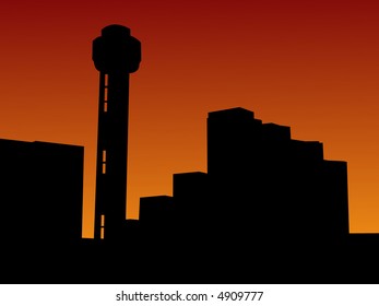 Reunion tower part of the Dallas skyline at sunset