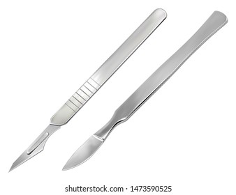 Reusable all-metal scalpel and delicate pointed scalpel with removable blade. Manual surgical instrument. Realistic objects on a white background. Vector illustration