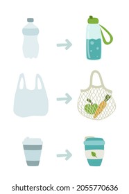 Reusable alternative by disposable plastic things poster. Zero waste concept banner.
