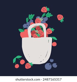 A reusable bag filled with fresh fruits. naive art style. flat vector style. hand-drawn vector illustration on the dark backdrop. Healthy natural vitamin food