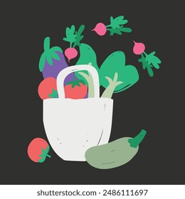 Un bolso reutilizable lleno de verduras. estilo de arte naif. estilo de Vector plano. Ilustración vectorial dibujada a mano en el fondo oscuro. Alimento vitamínico natural saludable