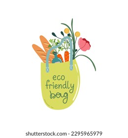 Reusable bag with purchases. Lettering "Eco friendly bag". Zero waste, sustainable lifestyle concept. Flat style vector illustration.