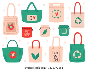 Reusable bags. Fabric recycling symbol shopping bags, zero waste hand drawn ecology shoppers. Eco friendly tote bags vector illustration set. Textile reusable fabric, eco canvas bag