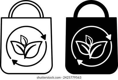 Reusable Bags Icons. Black and White Vector Icons. Ecological Package with Leaves. Ecology and Environmental Protection Concept