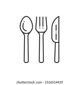 Reusable bamboo cutlery line black icon. Recycle elements: fork, knife, spoon. Zero waste lifestyle. Eco friendly. Organic, kitchen natural material.  UI/UX/GUI design element. Editable stroke.