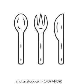 Reusable bamboo cutlery set linear icon. Zero waste recyclable kitchen tableware. Eco fork, knife, spoon. Thin line illustration. Contour symbol. Vector isolated outline drawing. Editable stroke