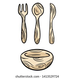 Reusable bamboo kithcenware set of doodles. Zero waste recyclable kitchen tableware. Eco-friendly disposable fork, knife, spoon, plate. Isolated vector illustration