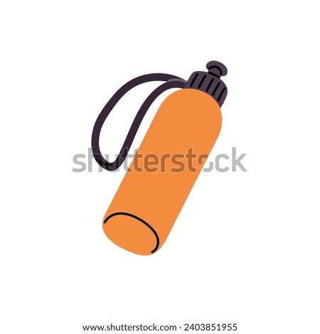 Reusable bottle of water for refreshing after gym training. Handy plastic flask of cool drink, beverage for hiking, travel. Sports equipment. Flat isolated vector illustration on white background