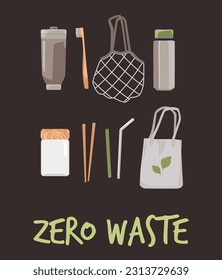 Reusable bottles, glass jar, toothbrush, straw, sticks, mesh and paper bag. Hand drawn elements of zero waste life in vector. Eco style. No plastic. Cartoon illustration of reduce, reuse, recycle