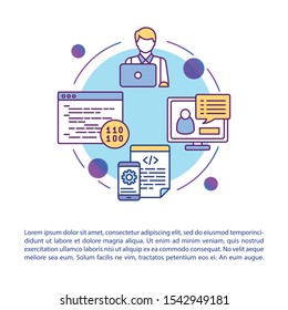 Reusable business logic article page vector template. App programming and coding process. Brochure, magazine, booklet design element with linear icons. Print design. Concept illustrations with text