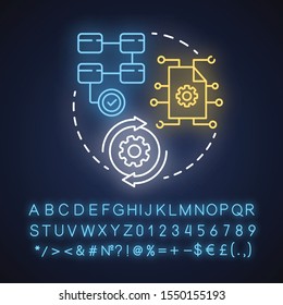 Reusable business logic neon light concept icon. Software development kit idea. Corporate strategy. Program developer. Glowing sign with alphabet, numbers and symbols. Vector isolated illustration