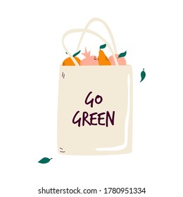 Reusable canvas eco bag with juicy organic fruits. No plastic packaging concept. Go green text. Vector illustration