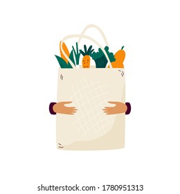 Reusable canvas eco bag with organic vegetables and fruits. No plastic packaging concept. Vector illustration