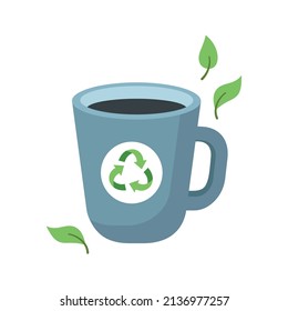 Reusable ceramic mug. Sustainable lifestyle, zero waste, ecological concept. Vector illustration in cartoon style. Recycling, waste management, ecology, sustainability.