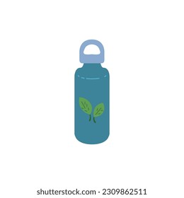 Reusable closed bottle with green leaves print flat style, vector illustration isolated on white background. Decorative design element, zero waste and eco friendly lifestyle, container for beverages