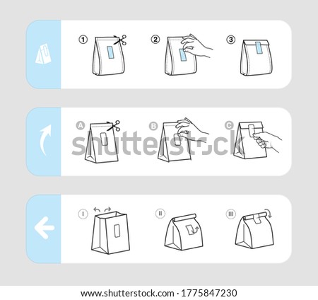 Reusable closing packing guide.Adhesive label with user instruction. Vector elements on white background. Ready for use for your design, promo, advertising. EPS10.	
