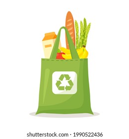 Reusable Cloth eco bags full of grocery products, healthy food. No plastic bag, use your own eco friendly package. Recycled Recyclable Biodegradable Sustainable Packaging. Vector illustration