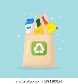 Sacos ecológicos de tela reutilizables llenos de productos de compras, comida saludable. Sin bolsa de plástico, utiliza tu propio paquete ecológico. Envasado sustentable biodegradable reciclable. Ilustración del vector