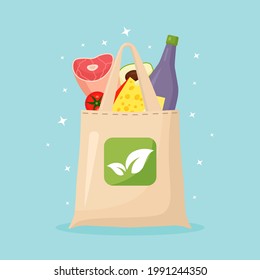 Reusable Cloth eco bags full of grocery products, healthy food. No plastic bag, use your own eco friendly package. Recycled Recyclable Biodegradable Sustainable Packaging. Vector illustration